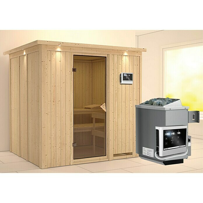 Karibu Elementsauna Sodin (Mit 9 kW Ofen mit externer Steuerung, Mit Dachkranz und Beleuchtung, L x B x H: 210 x 184 x 192 cm)