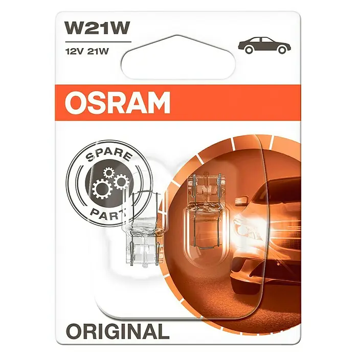 Osram Brems- & Schlusslichtleuchte Original Line - W21W, 2 Stk. - OSRAM W21W 12V 21W Original Glühlampe für Auto, hochwertiges Ersatzteil für zuverlässige Fahrzeugbeleuchtung und klare Sicht im Straßenverkehr.
