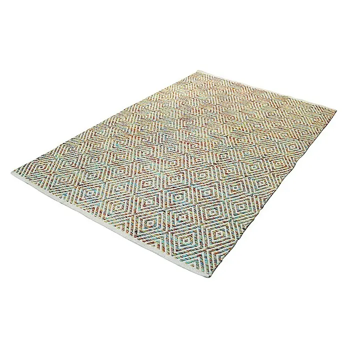 Kayoom Flachgewebeteppich Cocktail 300 - Bunt, 230 x 160 cm, 100% Baumwolle - Der rechteckige Teppich mit geometrischem Rautenmuster in Weiß, Blau, Braun und Gelb ist ein stilvolles Wohnaccessoire.