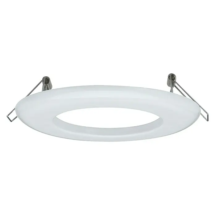 Paulmann Einbauadapter - Metall, Durchmesser: 13 cm, Weiß - Nahaufnahme einer weißen, runden LED-Einbauleuchte mit silbernen Befestigungsfedern vor einem sauberen, weißen Hintergrund.