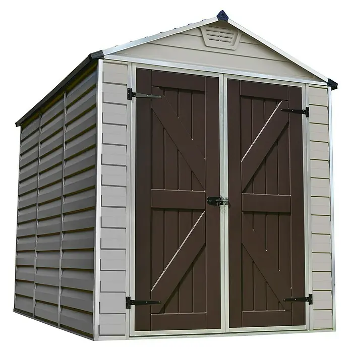 Palram – Canopia Gerätehaus Skylight 6x8 TanAußenmaß inkl. Dachüberstand (B x T): 185 x 229 cm, Kunststoff, Beige/Braun - Abbildung eines geräumigen Geräteschuppens mit Doppeltüren und horizontaler Verkleidung. Das robuste Design bietet eine sichere Aufbewahrung.