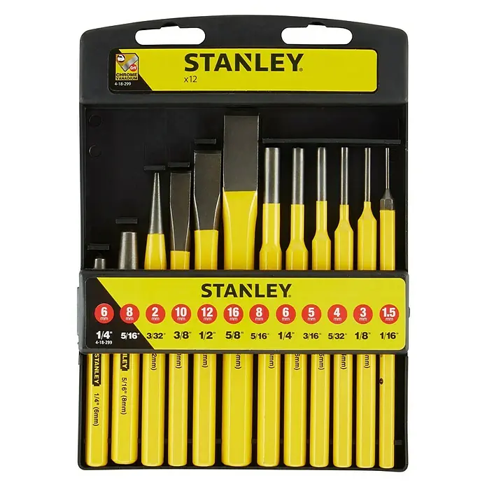 Stanley Schlagwerkzeug-Set - 12 -tlg. - Stanley x12 Stanz- und Meißelsatz in gelb-schwarz, ideal für Metallarbeiten. Hochwertig, präzise und langlebig für Profis und Heimwerker.