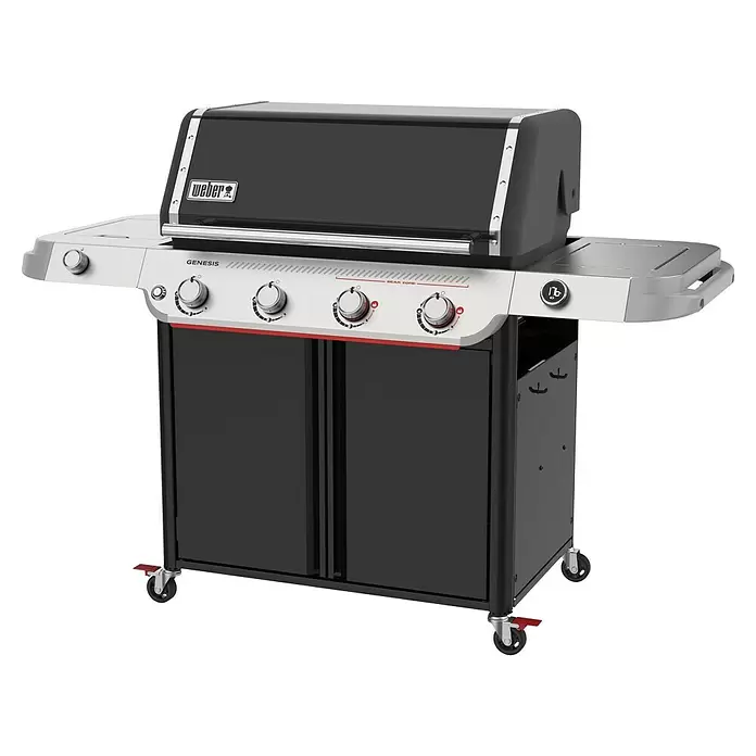 Weber Barbacoa de gas Genesis E-435 Works - Superficie de la parrilla (An x Pr): 86 x 48 cm, 16,6 kW, Número de quemadores: 4 - Parrilla de gas Weber Genesis negra y plateada con quemadores, mesas laterales y armario de almacenamiento, sobre ruedas.