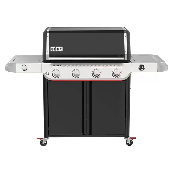 Weber Barbacoa de gas Genesis E-435 Works - Superficie de la parrilla (An x Pr): 86 x 48 cm, 16,6 kW, Número de quemadores: 4 - Parrilla de gas Weber Genesis negra y plateada con cuatro mandos, zona de sellado, mesas laterales y ruedas.