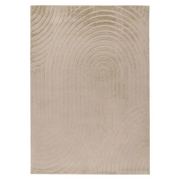 Fellteppich Zen - Beige, 150 x 80 cm, 100 % Polyester - Ein beiger Teppich mit modernem Design, das aus sich wiederholenden Halbkreisen besteht, die eine elegante und minimalistische Ästhetik erzeugen.