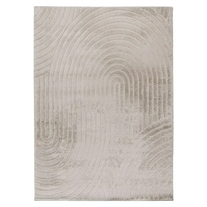 Fellteppich Zen - Light Taupe, 170 x 120 cm, 100 % Polyester - Ein hellgrauer Teppich mit einem Muster aus übereinander liegenden Halbkreisen sorgt für eine moderne und stilvolle Atmosphäre im Raum.