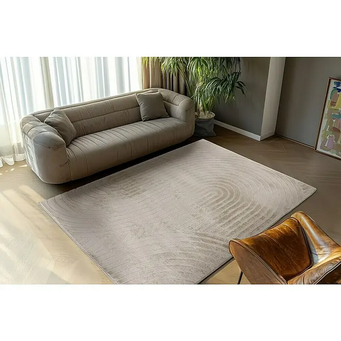 Fellteppich Zen - Light Taupe, 170 x 120 cm, 100 % Polyester - Ein rechteckiger Teppich mit einem stilvollen Muster, der das Wohnzimmer mit einer eleganten Couch und Zimmerpflanzen ergänzt.