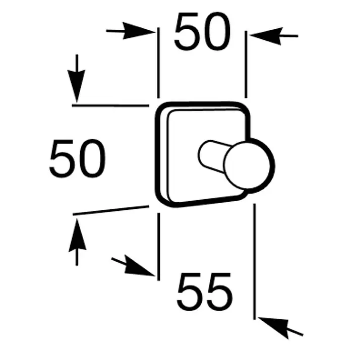 Roca Victoria Colgador - Cromo, Resplandeciente - Ilustración de un perchero que muestra las dimensiones de 50 x 50 x 55 mm para las especificaciones del producto.