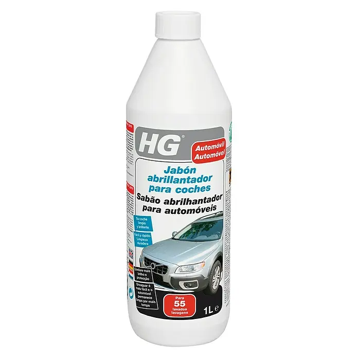 HG Detergente para automóvil con abrillantador - 1 l - Botella de champú para coches HG para una limpieza radiante y una protección duradera de su coche. Para 55 lavados.