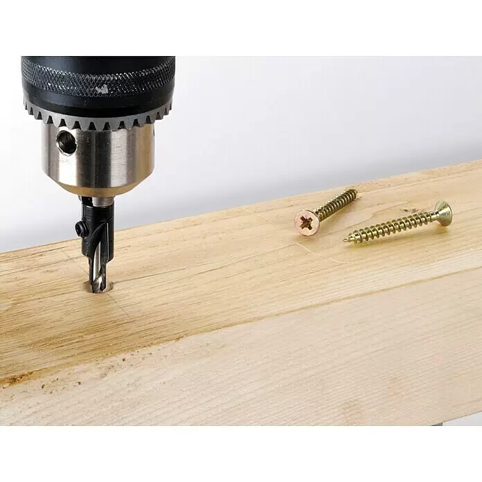 Wolfcraft Broca para madera - 2 ud., Diámetro de la broca: 16 mm - Taladro con broca avellanadora creando un agujero guía en madera, junto a dos tornillos dorados.