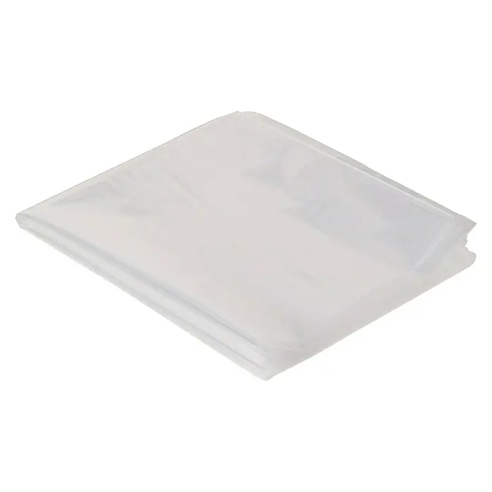 Wolfcraft Puerta antipolvo 4005000 - L x An: 2,15 x 1,05 m - Una lámina translúcida de plástico, posiblemente una cubierta protectora o embalaje, está plegada y sobre una superficie plana.