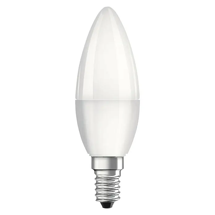 Voltolux LED-Lampe - E14, Nicht Dimmbar, Warmweiß, 470 lm, 5,5 W, Kerze - Ein weißes LED-Leuchtmittel in Kerzenform mit einem silbernen Sockel, ideal für stimmungsvolle Beleuchtung.