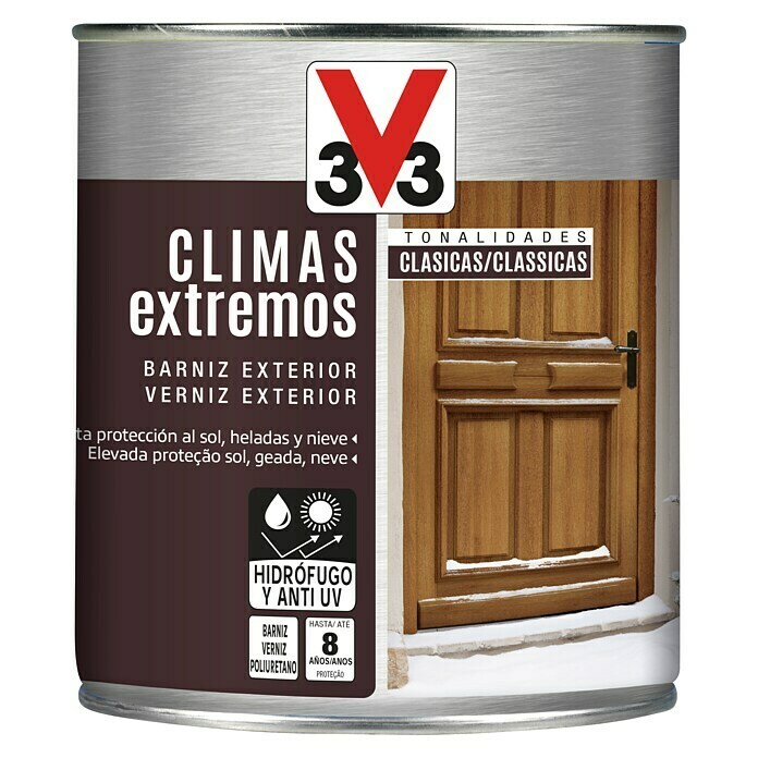 V33 Barniz para madera exterior Climas Extremos (Roble oscuro, Brillante,  250 ml)