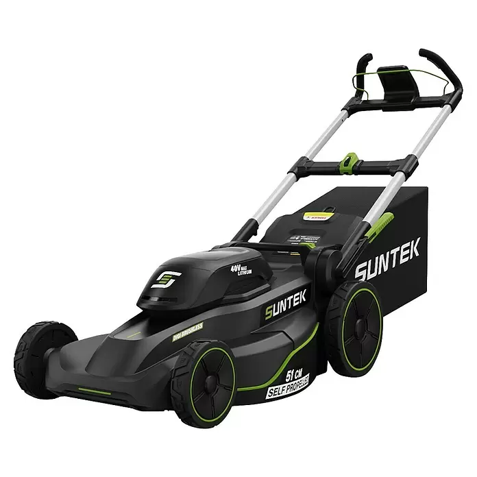 Suntek Akku-Rasenmäher SLM4521SP.3 - 2 Akkus, 4 Ah, Schnittbreite: 51 cm, Max. Flächenempfehlung: 1.000 m² - Schwarzer und grüner Suntek Elektro-Rasenmäher mit Eigenantrieb.