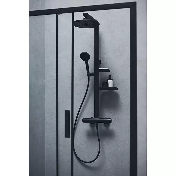 Ideal Standard Combinado de ducha - Distancia entre orificios: 35,6 cm, Negro, Diámetro rociador: 26 cm - Columna de ducha negra mate con rociador, ducha de mano, mezclador termostático y estantes integrados.