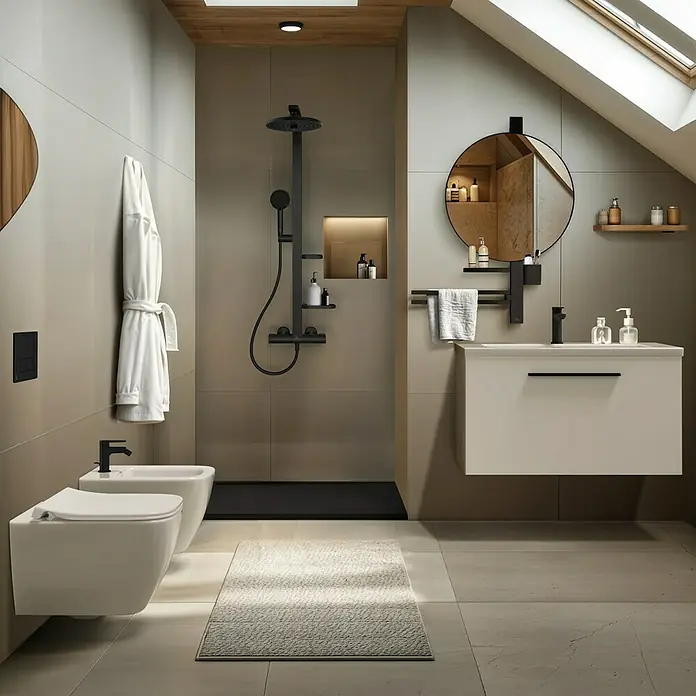 Ideal Standard Überkopfbrausen-Set Alu+Schwarz, Durchmesser Kopfbrause: 26 cm - Ein modernes Badezimmer mit schwarzer Duschgarnitur, Waschtisch und WC in einem eleganten Design.