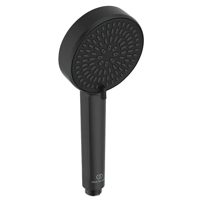 Ideal Standard Überkopfbrausen-Set Alu+ - Schwarz, Durchmesser Kopfbrause: 26 cm - Abbildung einer schwarzen Ideal Standard Duschbrause mit rundem Kopf und schlichtem Design für ein modernes Badezimmer.