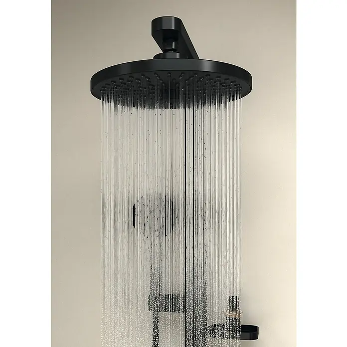 Ideal Standard Überkopfbrausen-Set Alu+Schwarz, Durchmesser Kopfbrause: 26 cm - Nahaufnahme eines modernen, schwarzen Regenduschkopfes mit fallendem Wasser vor einem hellen Hintergrund.