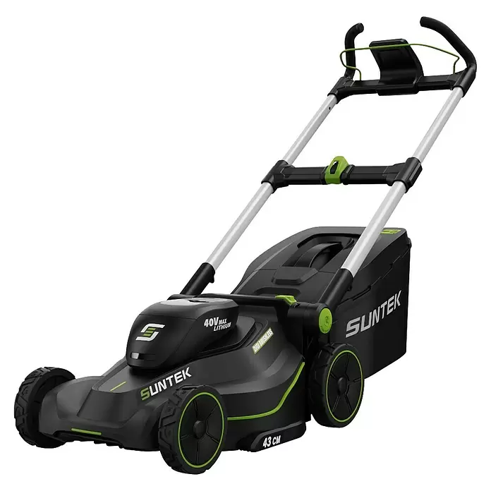 Suntek Akku-Rasenmäher SLM4417 - 2 Akkus, 2,5 Ah, Schnittbreite: 43 cm, Max. Flächenempfehlung: 500 m² - Schwarzer und lindgrüner Akku-Rasenmäher, 40V Max, mit 43 cm Schnittbreite.