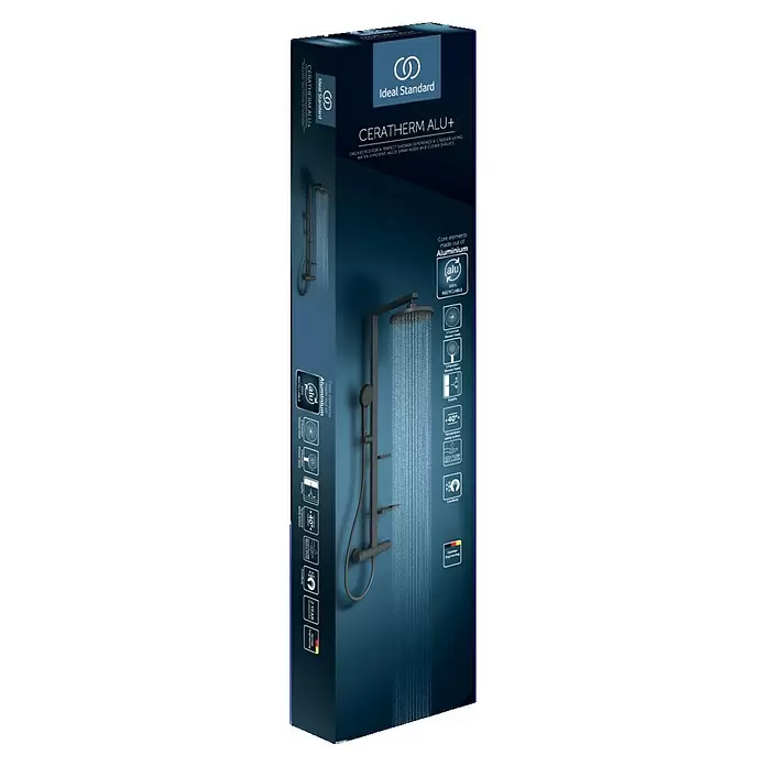 Ideal Standard Combinado de ducha - Distancia entre orificios: 35,6 cm, Negro, Diámetro rociador: 26 cm - Embalaje del sistema de ducha Ideal Standard CERATHERM ALU+ en gris oscuro, con cabezal de ducha de aluminio y chorros de agua.