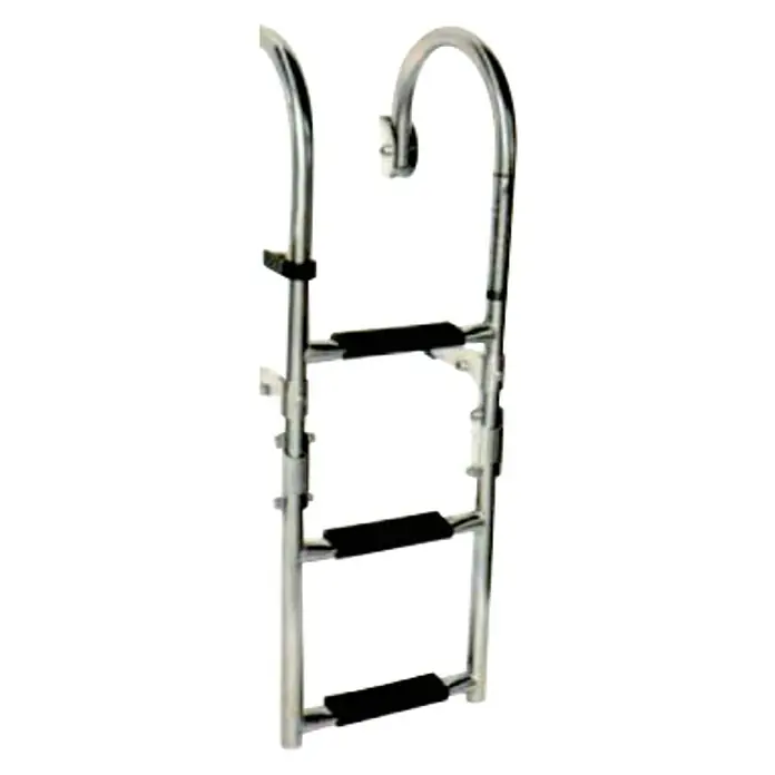 Escalerilla abatible - 91 x 25 cm, Número de niveles: 4 ud., Acero inoxidable - Imagen de una escalera para barco de acero inoxidable con tres peldaños y pasamanos curvos, ideal para acceder fácilmente al agua.