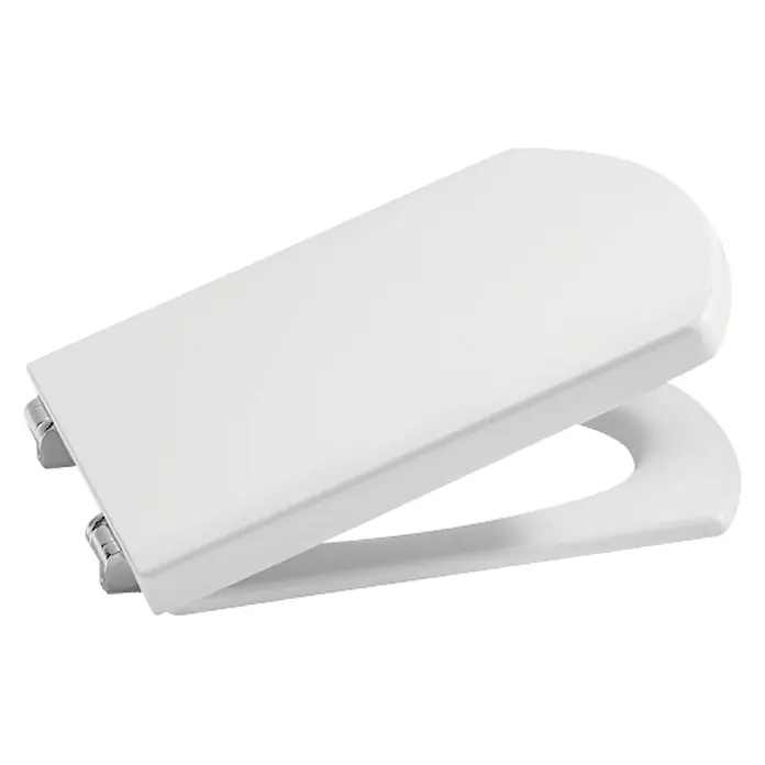 Roca Hall Tapa de WC - Termoplástico, Blanco, Con caída amortiguada - Un asiento de inodoro blanco con bisagras cromadas, ligeramente abierto, ofrece una estética limpia y moderna para cualquier baño.