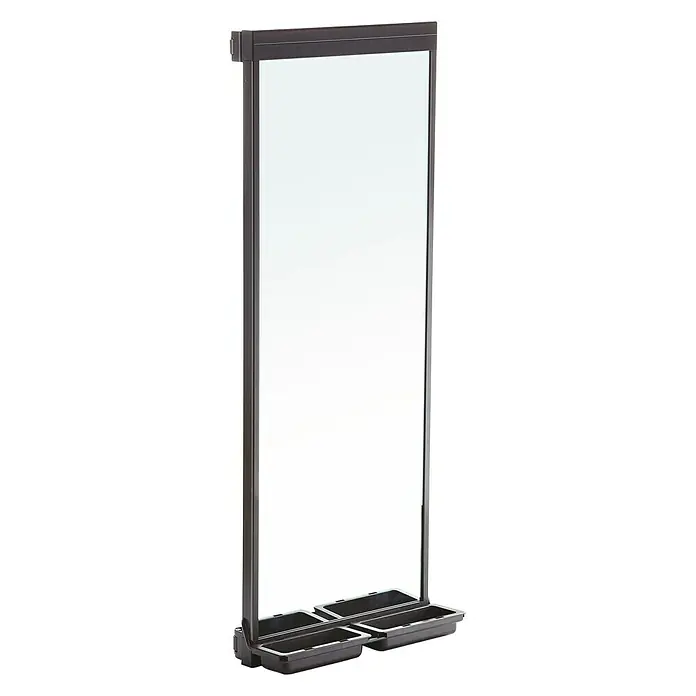 Adinor Espejo extraíble - 123,5 x 38,5 x 6,5 cm, Aluminio - Un espejo rectangular y elegante con marco oscuro y dos bandejas de almacenamiento rectangulares en la parte inferior para objetos pequeños.