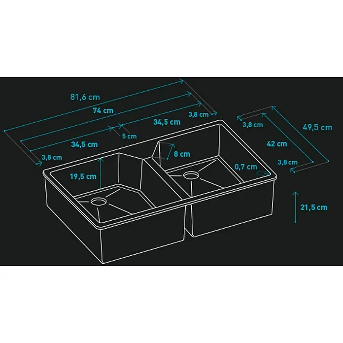 Atron Fregadero encastrable Berlín - 49,5 x 81,6 cm, Material compuesto, Metal - Representación de un fregadero con dimensiones detalladas en centímetros, incluyendo longitud, anchura y profundidad.