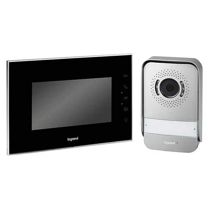 Legrand Videoportero kit espejo - Número de usuarios: 1 ud., Gris - Imagen de un sistema de entrada Legrand, que comprende un monitor y una estación al aire libre con cámara, ideal para la seguridad en el hogar.