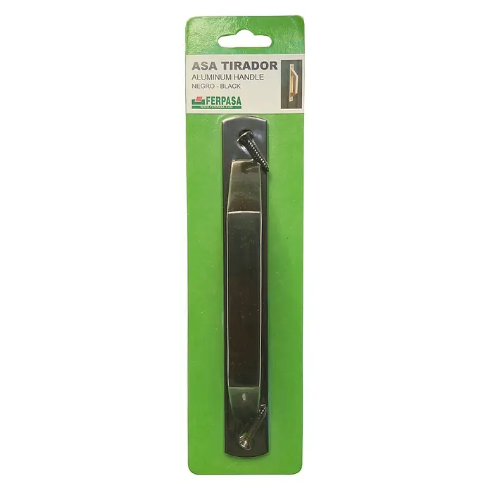 Cerradura para puertas y ventanas con base - Negro - Primer plano de un tirador de puerta de aluminio negro de FERPASA sobre un embalaje verde, ideal para un diseño interior moderno.