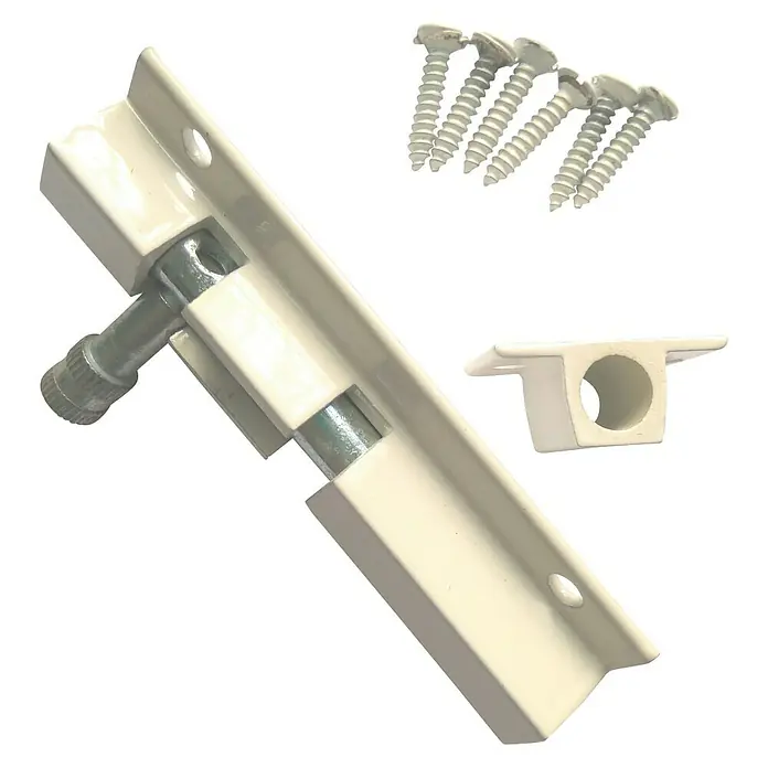 Cerradura adicional para ventanas - Largo: 100 mm, Aluminio, Blanco - Imagen de un cerrojo blanco con accesorios de montaje, perfecto para asegurar puertas y ventanas.