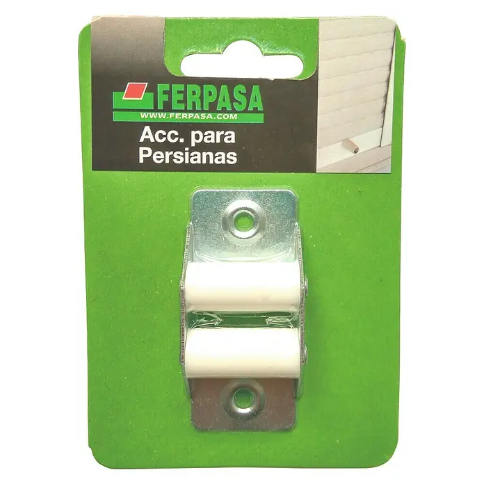 Polea para persiana - Anchura de la correa: 30 mm - El producto es un accesorio para persianas de Ferpasa, empaquetado en una tarjeta verde. Es un pequeño soporte plateado con dos rodillos blancos.