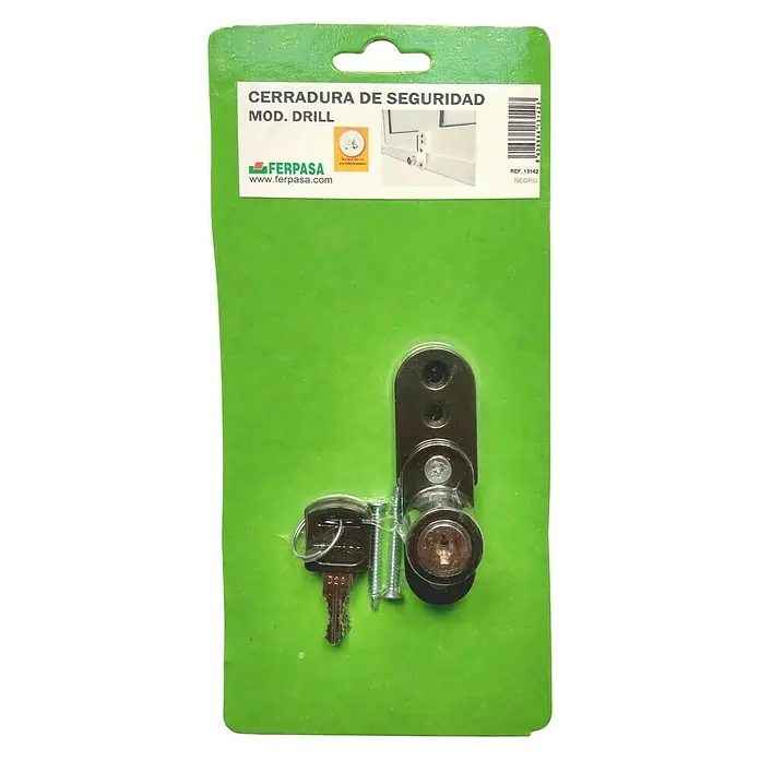 Cierre de seguridad para ventanas Drill - Negro - Imagen de un juego de cerraduras de seguridad FERPASA con llaves y tornillos de montaje, empaquetado en cartón verde.