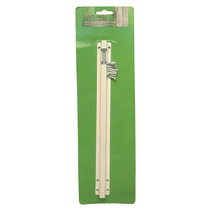 Cerradura adicional para ventanas - Largo: 300 mm, Aluminio, Blanco - Un pestillo de aluminio para puertas en un paquete verde con tornillos. Ideal para asegurar puertas.