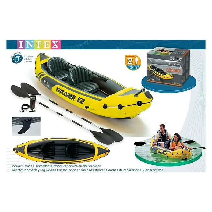 Intex Kajak Explorer K2 - 313 x 92 cm, Nutzlast: 160 kg, Geeignet für: 2 Personen - Das aufblasbare gelb-schwarze Intex Explorer K2 Kajak für 2 Personen mit Paddeln, Pumpe und Reparaturflicken für Wassersport.