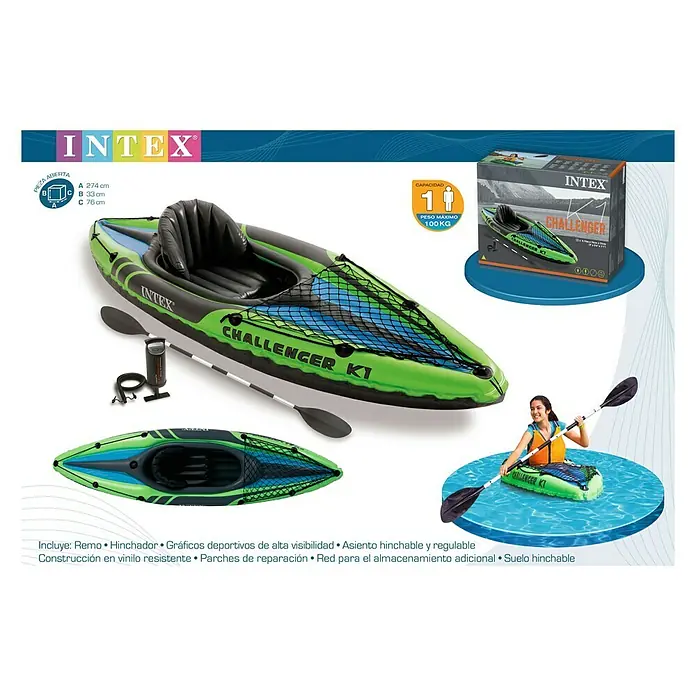 Intex Kayak Challenger K1 - 274 x 76 cm, Carga útil: 100 kg, Apto para: 1 persona - Imagen de un kayak inflable Intex Challenger K1, ideal para actividades acuáticas recreativas, incluye accesorios y embalaje.