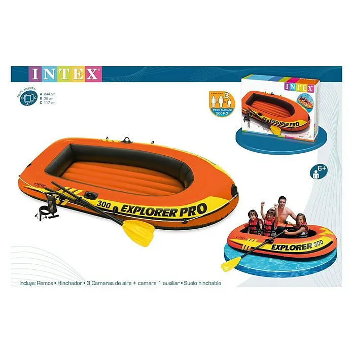 Intex Bote hinchable Explorer Pro 300 con remos - L x An x Al: 244 x 117 x 36 cm, Apto para: 2+1 personas, Carga útil: 200 kg - Bote inflable naranja Intex Explorer Pro 300 con remos e hinchador, adecuado para hasta 3 personas o un peso máximo de 200 kg.