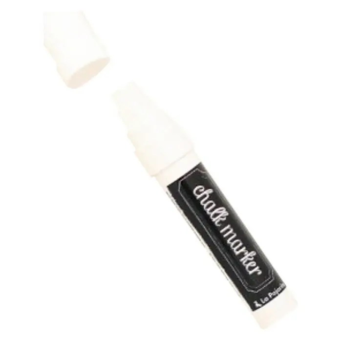 La Pajarita Marcador de tiza Chalk Marker - Blanco - Primer plano de un rotulador de tiza blanco con el tapón quitado, ideal para letras creativas en pizarras.