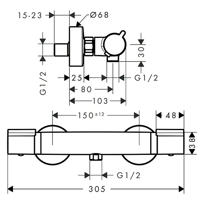Hansgrohe Grifo con termostato Versostat - Ancho: 10 cm, Cromo, Resplandeciente - Dibujo técnico de un mezclador de ducha con medidas para la instalación y detalles de diseño.