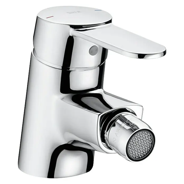 Roca Mitos Grifo monomando de bidé - Cromo, Brillante - Primer plano de un moderno grifo cromado con aireador de chorro fino, ideal para baño y cocina. Diseño de alta calidad para un uso duradero.