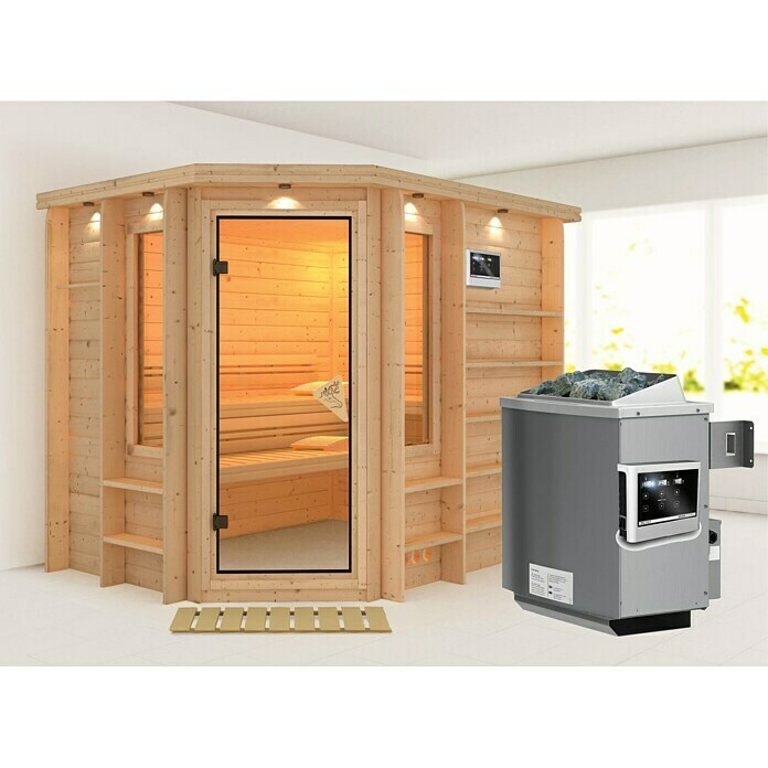 Karibu Massivholzsauna Riona (Mit 9 kW Ofen mit externer Steuerung, L x B x H: 259 x 210 x 192 cm)