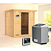 Karibu Massivholzsauna Mojave (Mit Saunaofen 9 kW inkl. Steuerung Easy, Mit Dachkranz und Beleuchtung, Ganzglas Graphit, 184 x 193 x 208 cm)