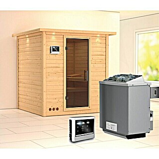 Karibu Elementsauna Mojave (Mit 9 kW Ofen mit externer Steuerung, Mit Dachkranz und Beleuchtung, Materialspezifizierung Tür: Ganzglas Graphit, L x B x H: 224 x 210 x 192 cm)