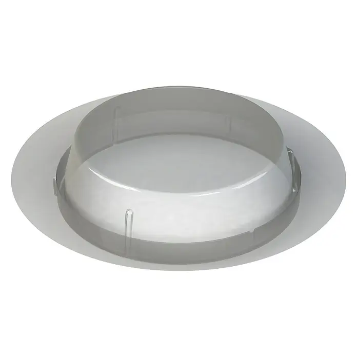 Camargue Plato de ducha de obra Integra con canal sifónico - 100 x 6,9 cm (canalón), Acero inoxidable - Primer plano de una cubierta redonda transparente con un borde blanco plano, ideal para la difusión de la luz o la protección en sistemas de iluminación.