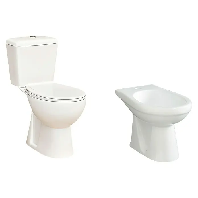 Pack de WC + bidé Bahía - Con borde de descarga, Salida WC: Vertical, Blanco - La imagen muestra un inodoro blanco y un bidé sobre un fondo negro, destacando un conjunto de accesorios de baño.