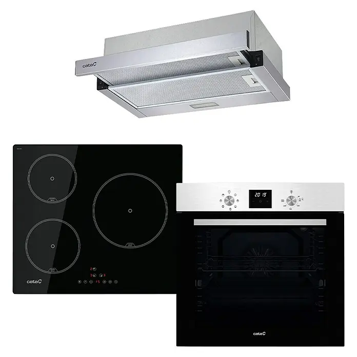 Cata Set de horno empotrado + placa de cocción y campana extensible - Volumen horno: 80 l, Número de zonas de temperatura: 3 ud., Máx. Potencia de aire de la campana extractora: 300 m³/h - La imagen muestra una campana extractora Cata, una placa negra y un horno, ideal para una cocina moderna.