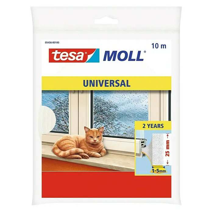 Tesa INSULATION Burlete de gomaespuma universal - Blanco, 10 m x 25 mm x 5 mm, Desajustes de 1 - 5 mm - Embalaje de cinta de sellado Tesa Moll Universal, rollo de 10 m, mostrando ejemplos de uso y un gato en la ventana.