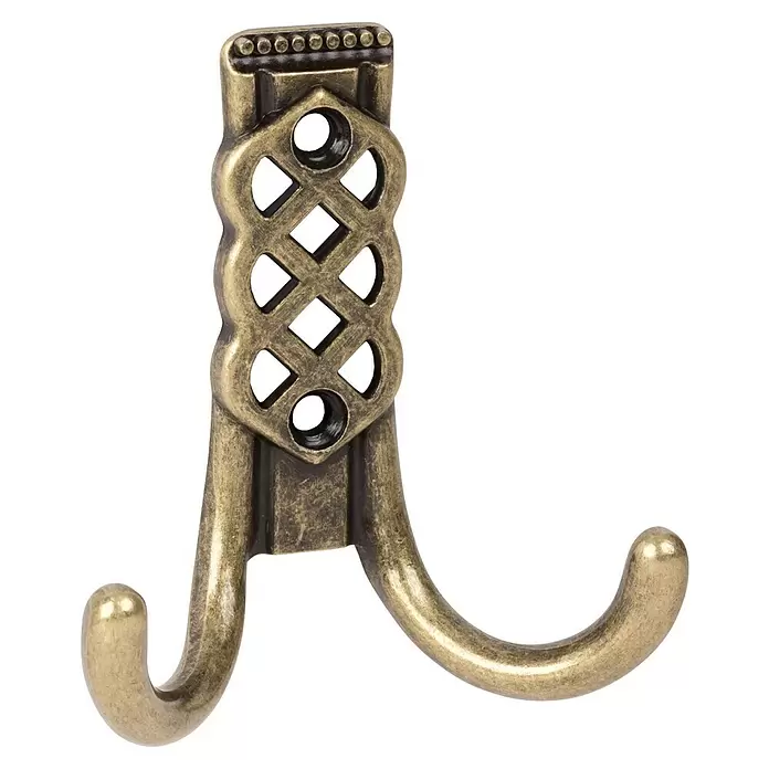Walteco Garderobenhaken Borneo II - L x B x H: 85 x 78 x 36 mm, Anzahl Haken: 2 Stk., Brüniert - Antiker Messing-Doppelhaken mit dekorativem Knotenmuster und Befestigungslöchern.