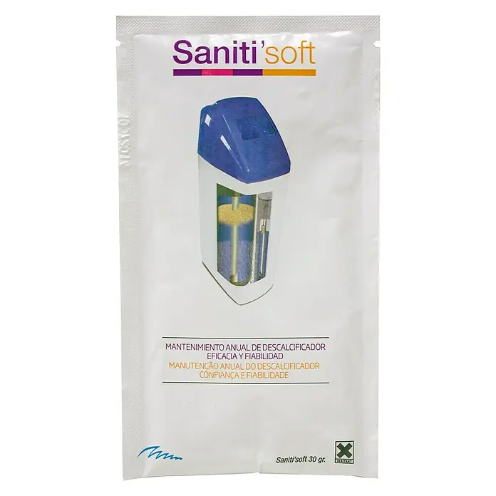 Bb agua Limpiador de resinas - 2 ud. - Un sobre blanco de descalcificador Saniti'soft 30 gr. con una imagen de un descalcificador y información del producto.