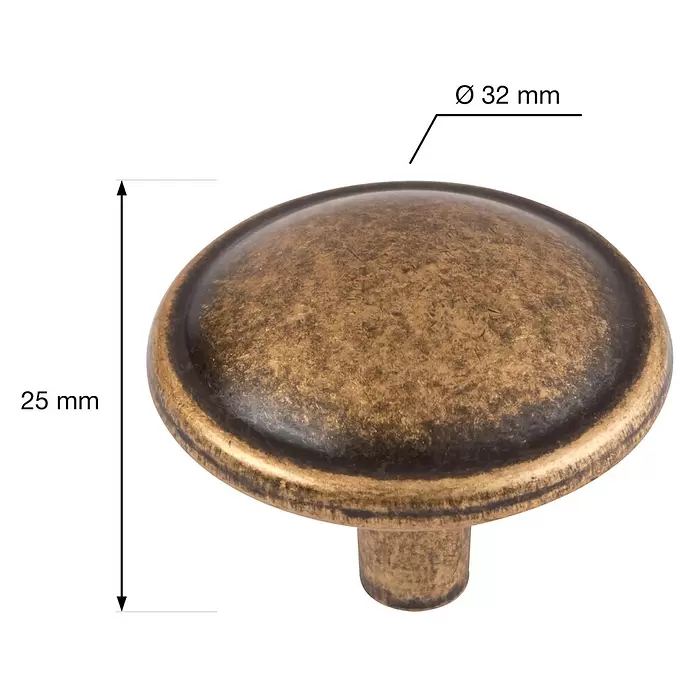 Walteco Möbelknopf Mali - Durchmesser: 32 mm, Sonstige, Brüniert - Gewölbter antik-messingfarbener Möbelknauf, Ø 32mm, 25mm Höhe.